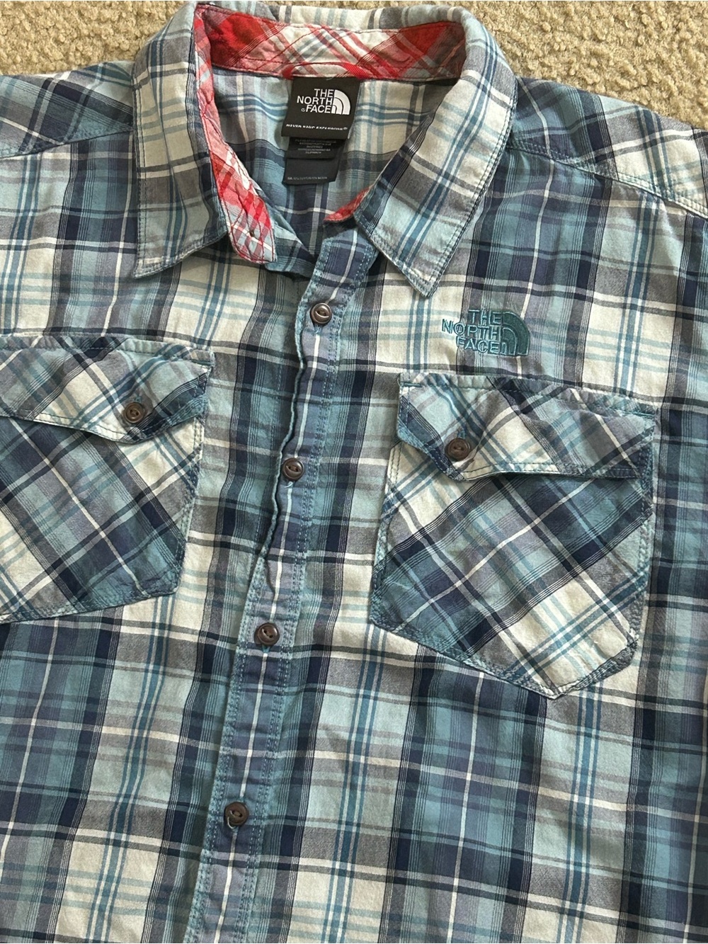 The North Face BluePlaid Short Sleeve Shirt Mens Large Cotton Blend Outdoor